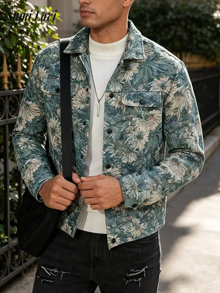 Trendy Mens Multi Pocket Cargo Jackets Stylish Slim Long Sleeve Turn-down Collar Jacket Men Autumn Vintage Florals Coats Outwear