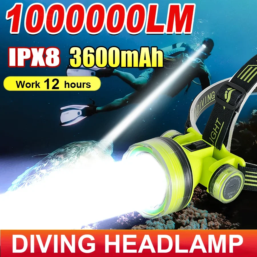 New Rechargeable LED Diving Headlamp Strong Light Professional Diving 50M Head Flashlight Scuba Diving Headlight Fishing Torch