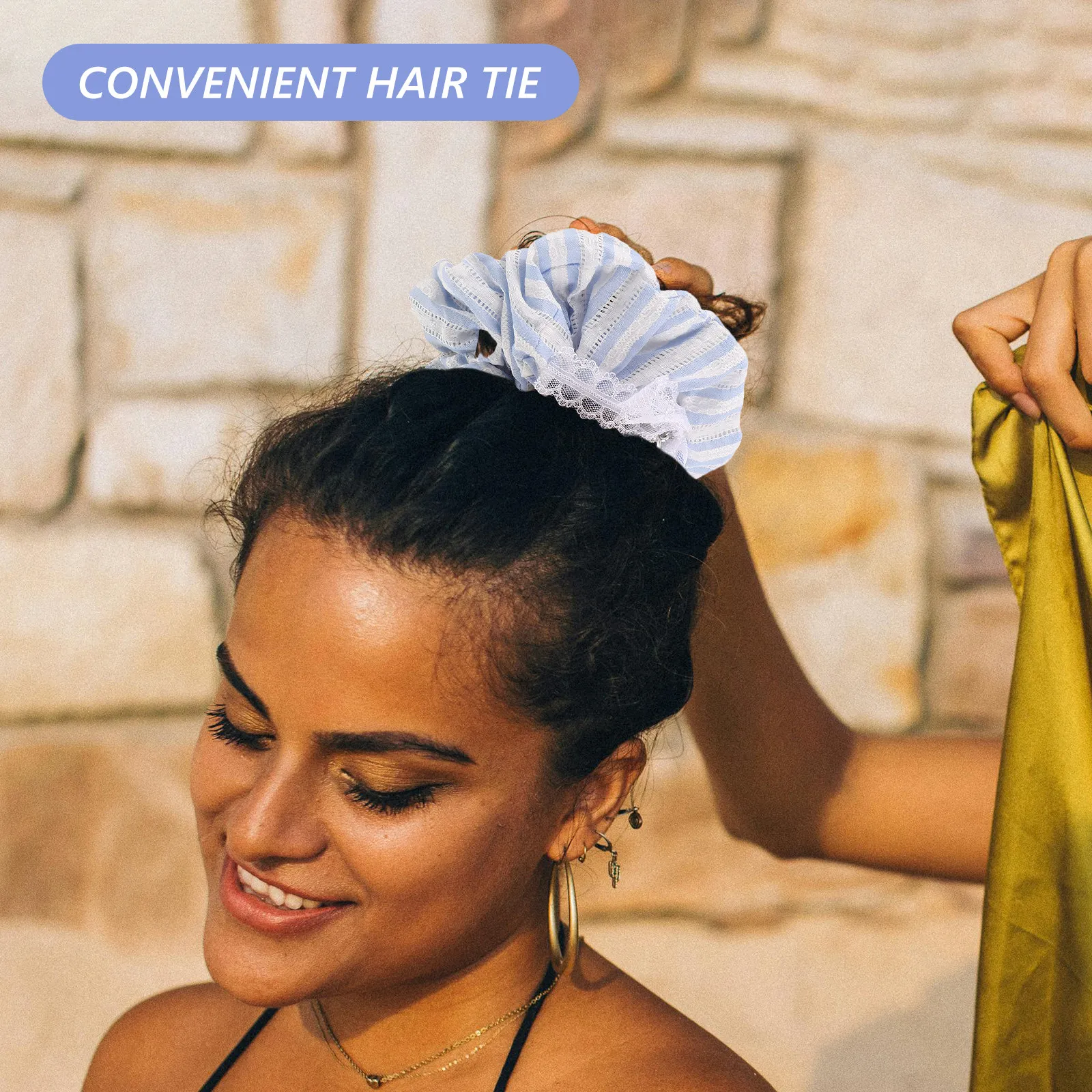 Korean Fashion Blue Striped Lace Scrunchies Soft Elastic Hair Tie for Women Girls Comfortable Daily Wear Hair Accessories
