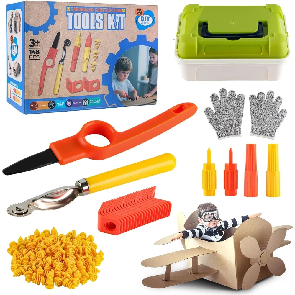 148Pcs Safe Kids Cardboard Building Kit, storage box & kid-safe cutting tools, educational craft toy for boys & girls aged 4+