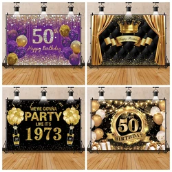 Happy 50th Birthday Photography Backdrop Golden Balloons Glitters Tassel Diamond Decor Banner Family Party Customized Background