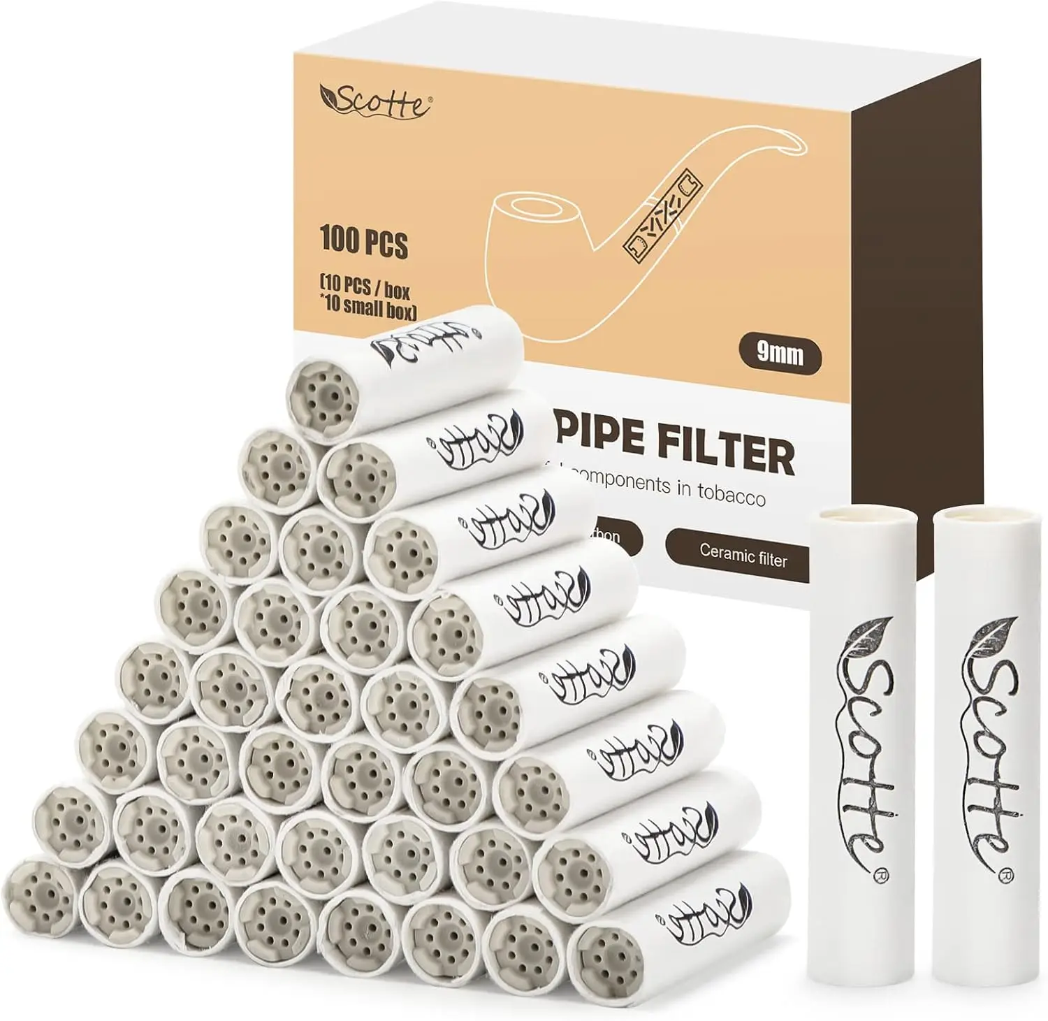 Pipe Filters 9mm Activated Carbon Tobacco Pipe Filter with Dual Ceramic Cap 100 pcs Filter Core for Pipe Smoking