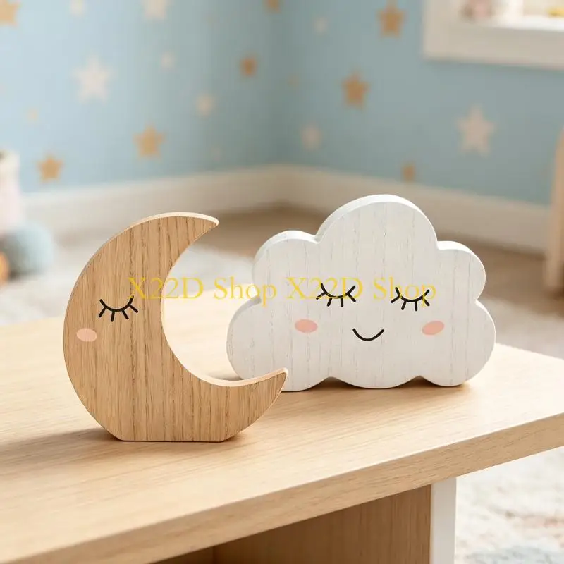 X22D Two-Piece Wooden Moon and Cloud Decorations Set for Nursery Desk Shelf Display