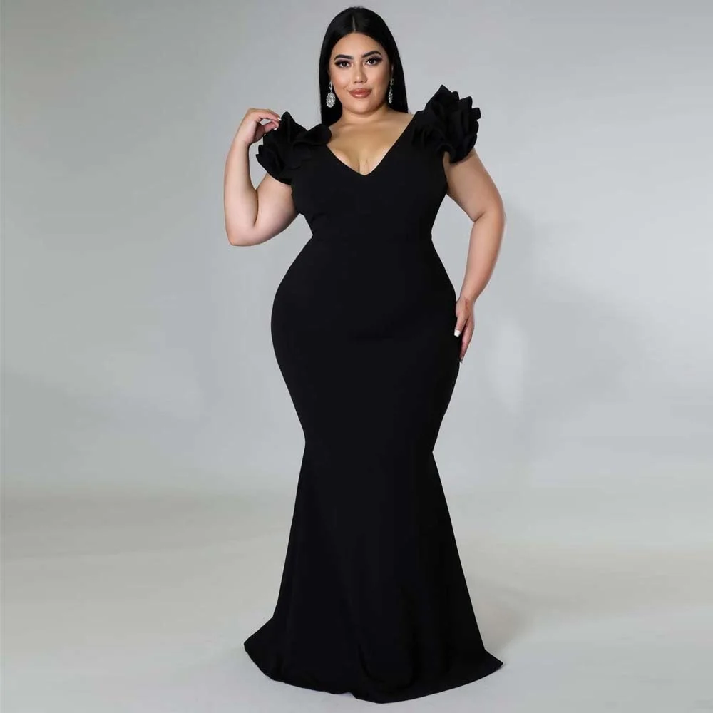 Plus Size Evening Dress Elegant Lady Ruffle Red Black Sexy Backless Large Sizes Women Party Formal Maxi Long Dresses Summer 2023