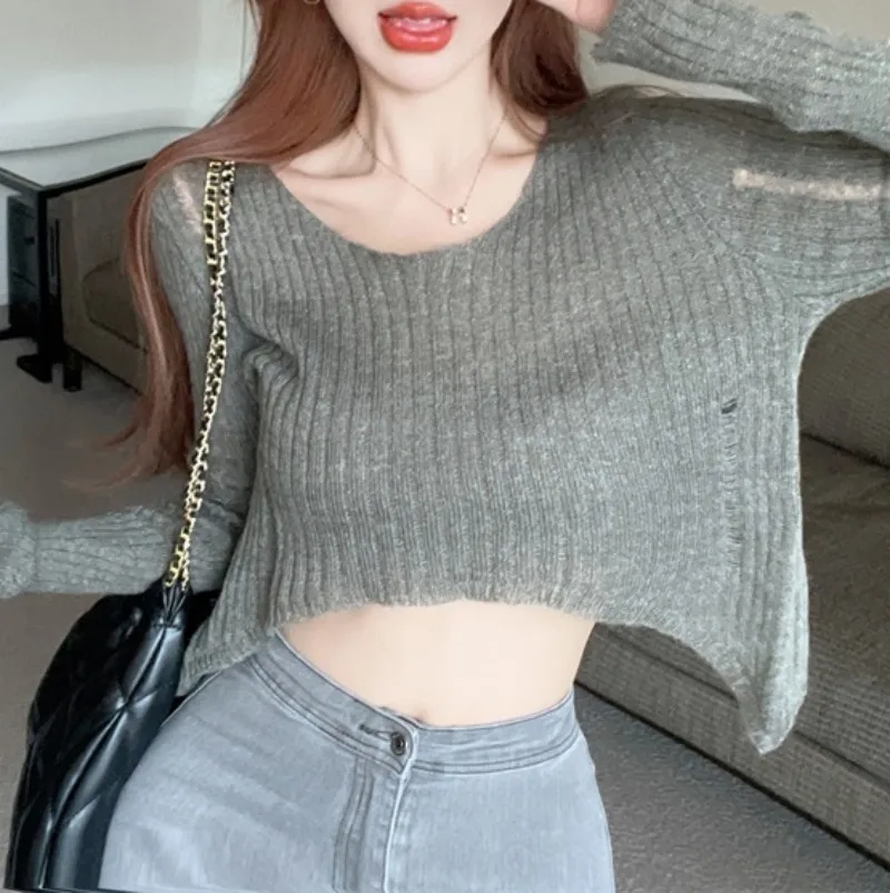 Spicy Girl Exposed Navel Knitted Sweater Women's New Design Sense Basic Cover Shirt Hollow Long Sleeved Top Women