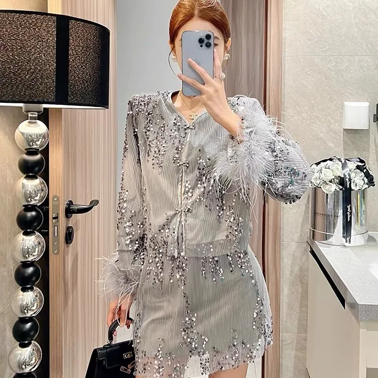 

Elegant Heavy Embellished Sequin Women's Outerwear with Ostrich Feather Folded Design Mid-Length Short Skirt Two-Piece Set