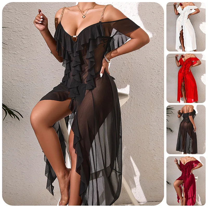 

Summer Suspender Perspective Mesh Nightgown Home Dressing Gown Sexy Ruffles Lace Nightdress Nighty Loungewear Nightwear