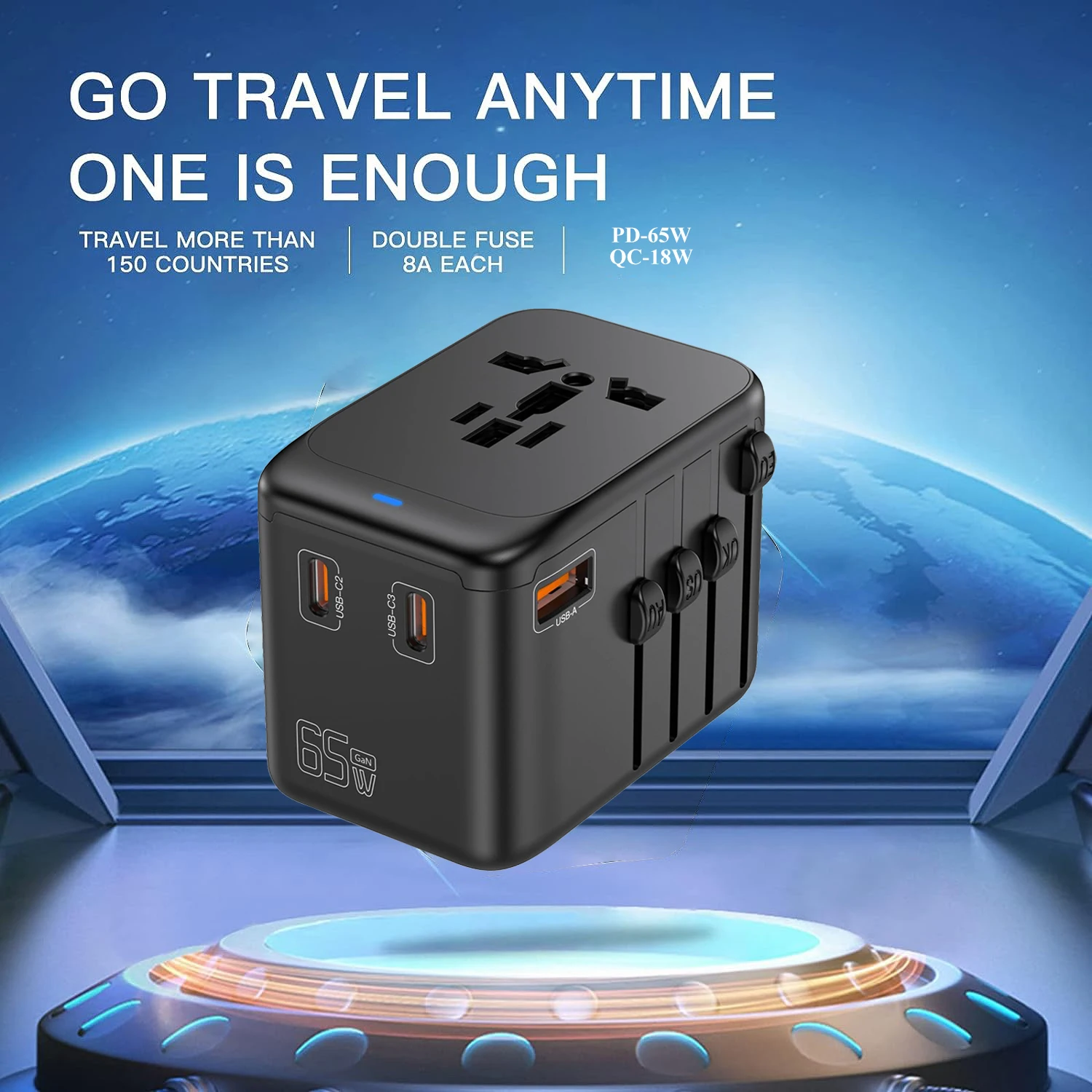 65W/45W GaN International Travel Adapter with 1USB 3 Type C GaN Fast Charging Adapter with EU AU US UK Plug for Wall Charger