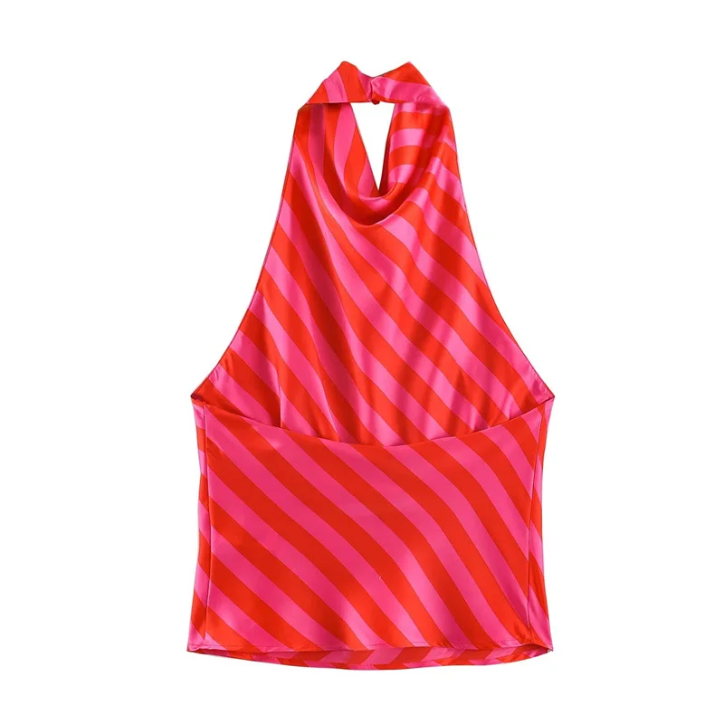 Guobioziy Women's Top 2026 Summer New Red Diagonal Stripe Halter Neck Sexy Romantic Top Lightweight Fashion Beach Vacation