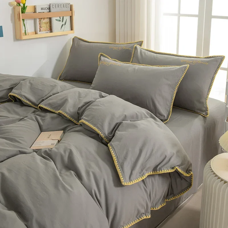 150/180/200CM Light Grey Water Wash Cotton Bed Sheet Duvet Cover Pillowcase Four-piece Spring Autumn Bedding Set M063-6