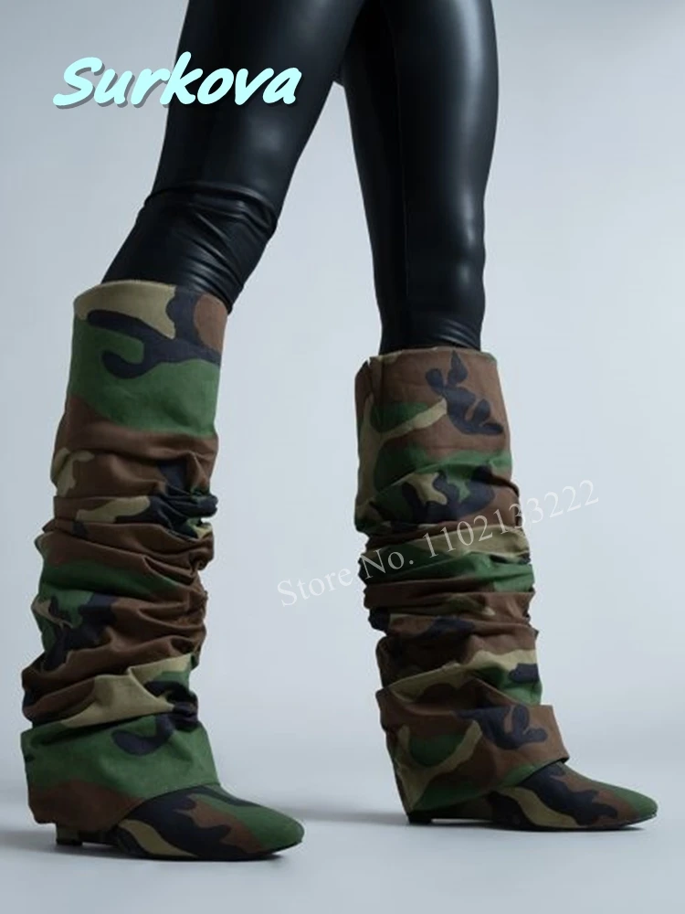 Camouflage Ruched Wedge Knee Boots 2024 Solid Pointed Toe Leisure Luxury Mordern Women Slip-on Shoes Daily Free Shipping