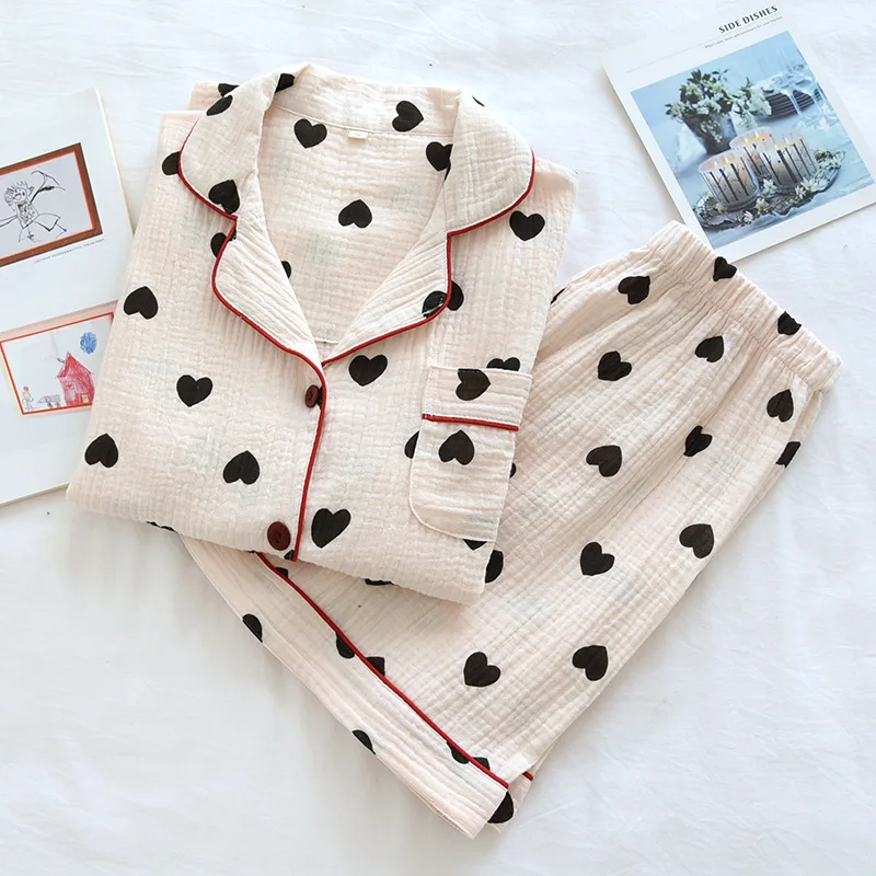 Small Fresh Summer Thin Short-sleeved Shorts 2PCS Women's Crepe Pure Cotton Pajamas Love Lapel Gauze Cotton Loungewear