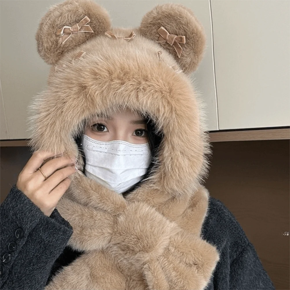 

Casual Fluffy Bow Ear Protection Hat Thickened Ear Protection Women Hooded Hat Windproof Keep Warm Beanies Cap Female/Girls