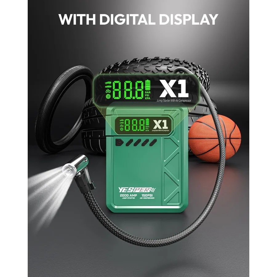 كاتب الانتقال المحمول مع ضاغط الهواء 2000A 150PSI للسيارات 12 فولت 8L الغاز و 6L الديزل التوافق شاشة الكريستال السائل المدمج ضوء #4