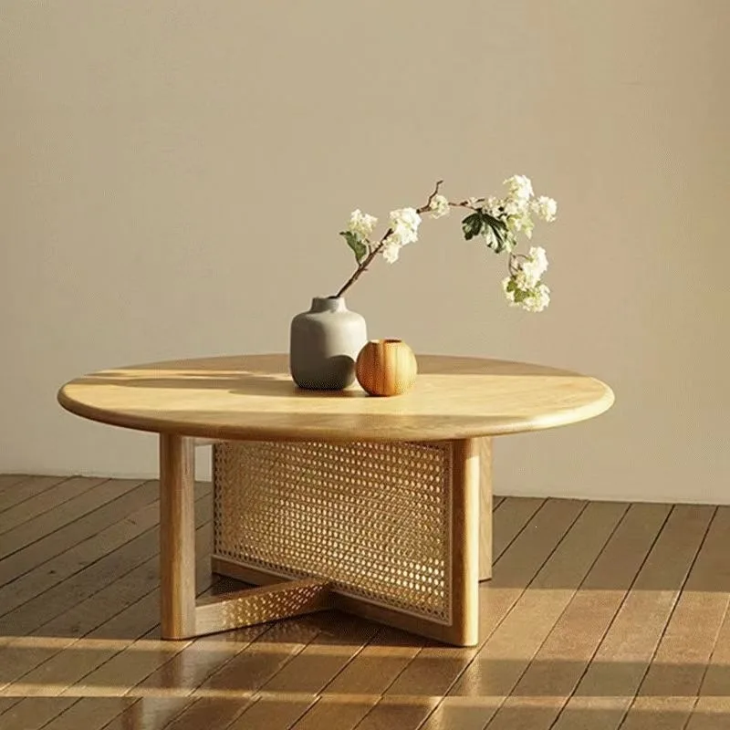 Japanese log rattan coffee table round tea table small apartment living room coffee table natural pine