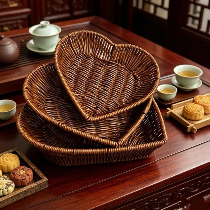 Heart-Shaped Woven Storage Basket Multi-Uses Simulation Rattan Desktop Baskets For Bread Fruit Restaurant Serving Display Basket