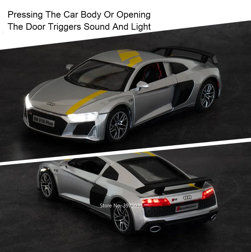 1:32 AUDI R8 V10 PLUS Sport Cars Alloy Diecast Toy Miniature Model with Light Sound Pull Back Vehicles Children Educational Toys