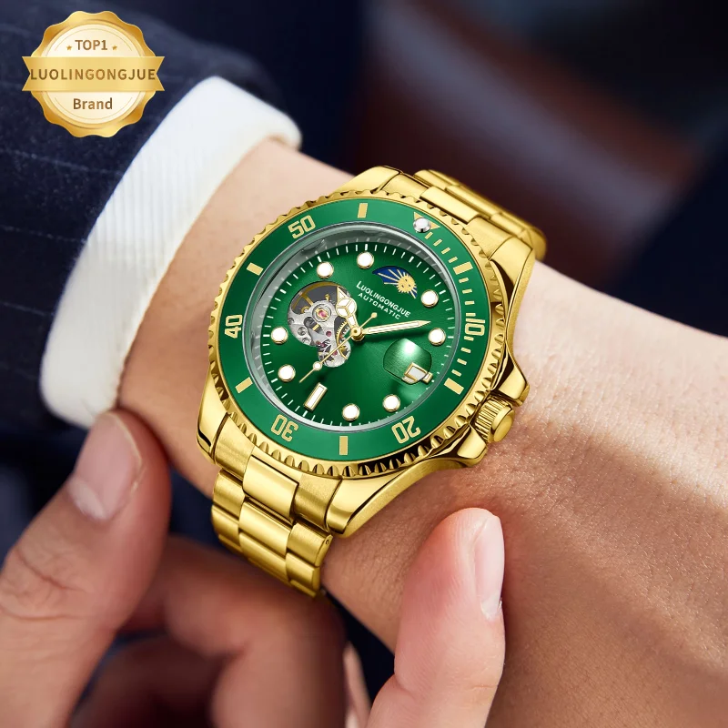 Luolingongjue Green Water Ghost Watch Men\'s Mechanical Watch Fully Automatic Hollow Calendar Moon Phase Stainless Steel Strap Role Black Submariner