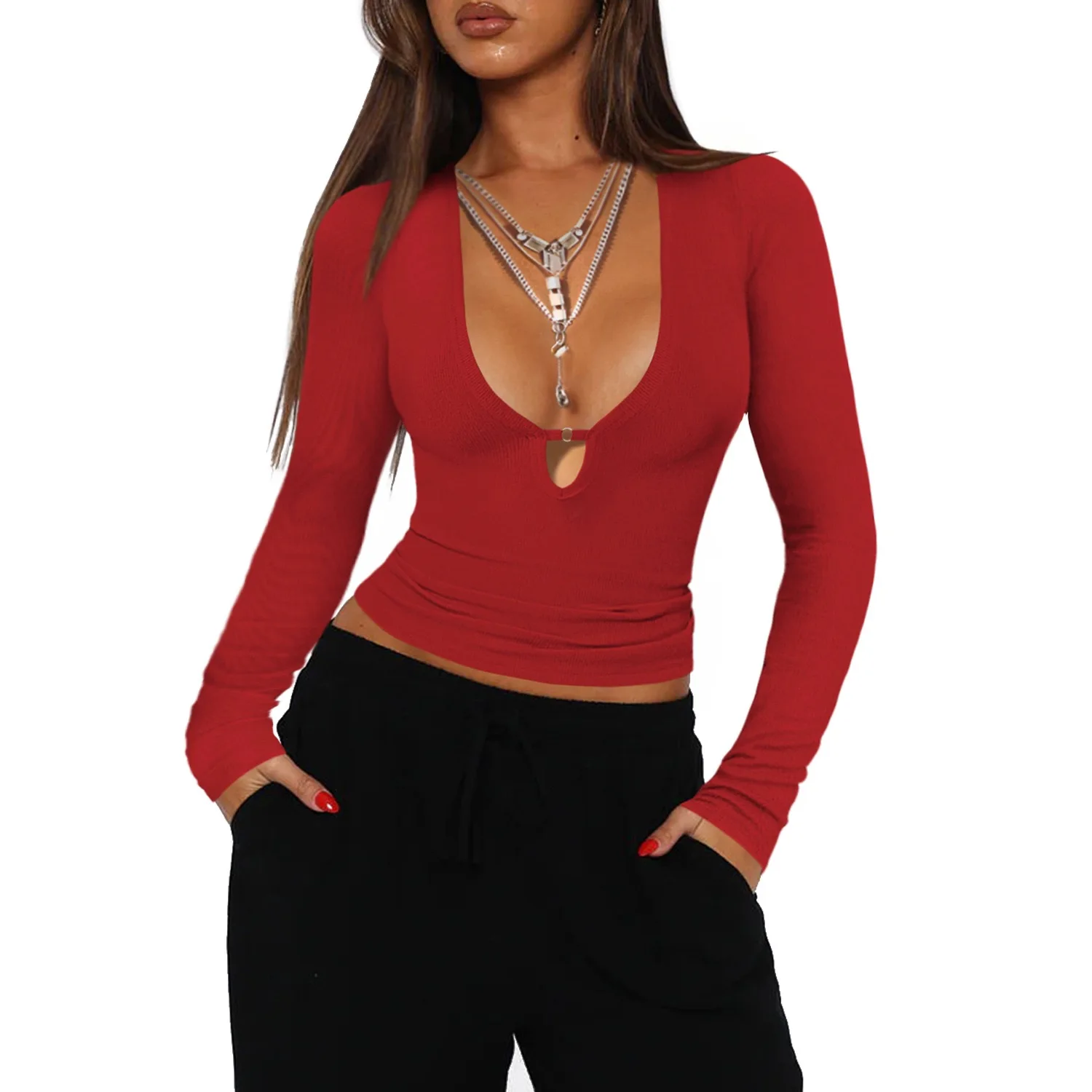 2025 herbst/Winter Tiefem V-ausschnitt Hohl Y2K Hot Girl Langarm Top Sexy Abnehmen Gestricktes Hemd Heißer Verkauf – Detail 16
