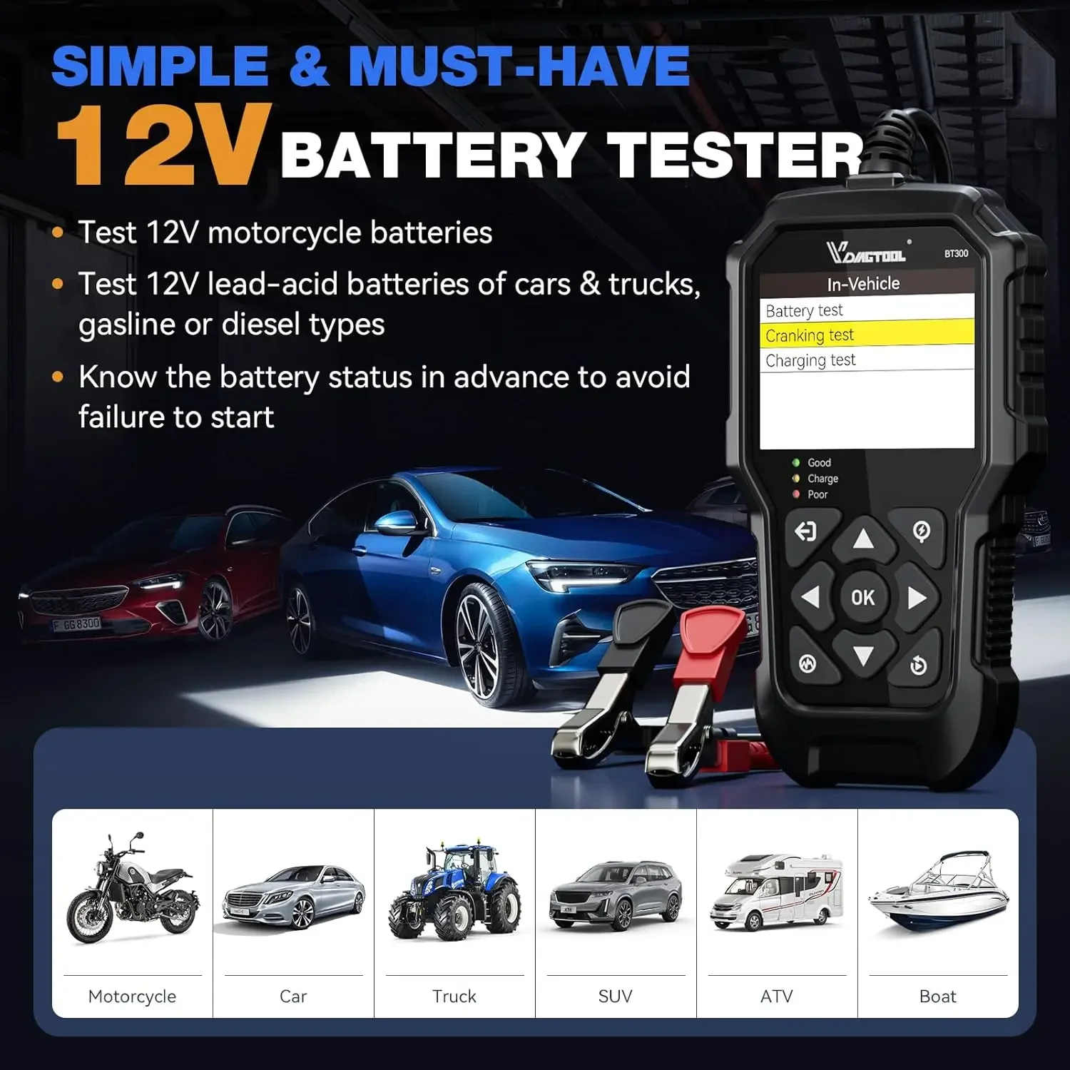 2024 VDIAGTOOL BT300 Car Battery Tester 6V 12V Automotive Charging Cranking System Tester for Motorcycle Car Truck SUV ATV Boat