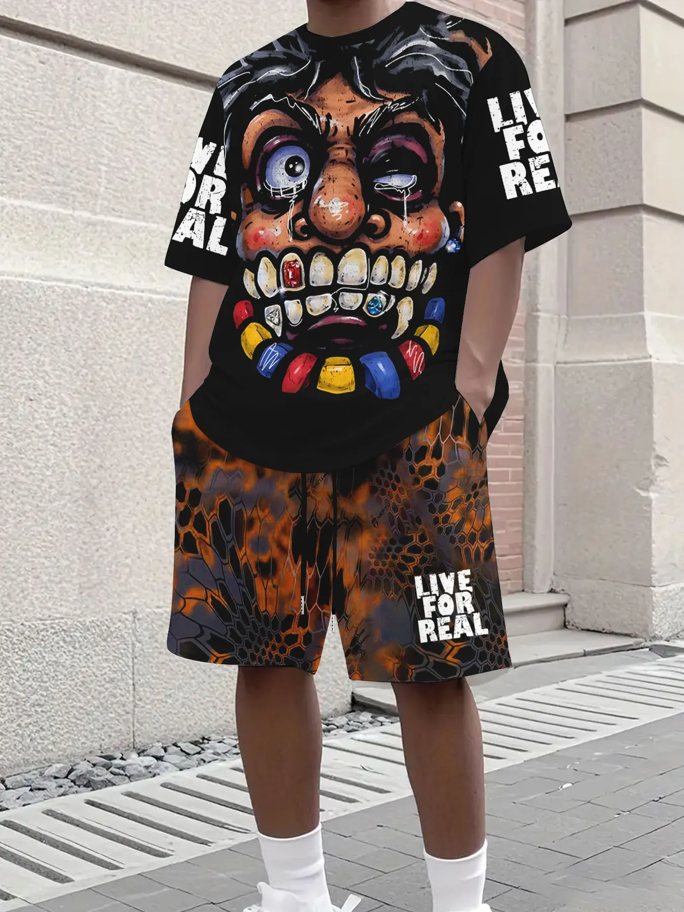 

Men's Outfit Artistic Teeth Abstract Print Streetwear Sporty Casual Sweat Wicking Breathable Short Sleeve Drawstring Shorts