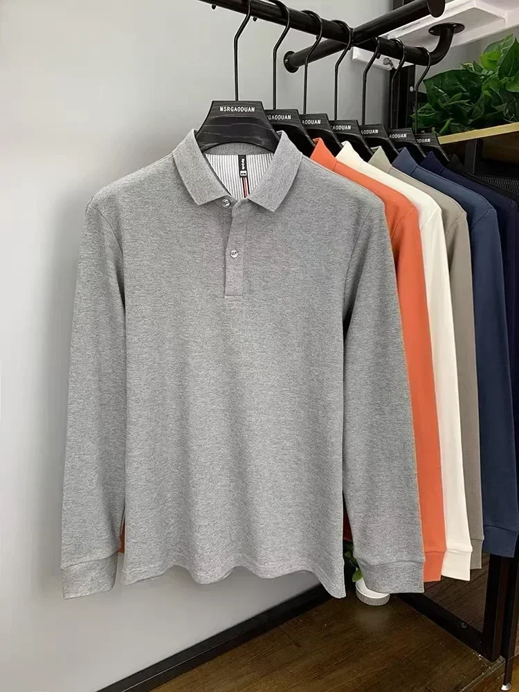 Polo di fascia alta in puro cotone pesante, nuova maglietta a maniche lunghe da uomo primaverile e autunnale, top in tinta unita