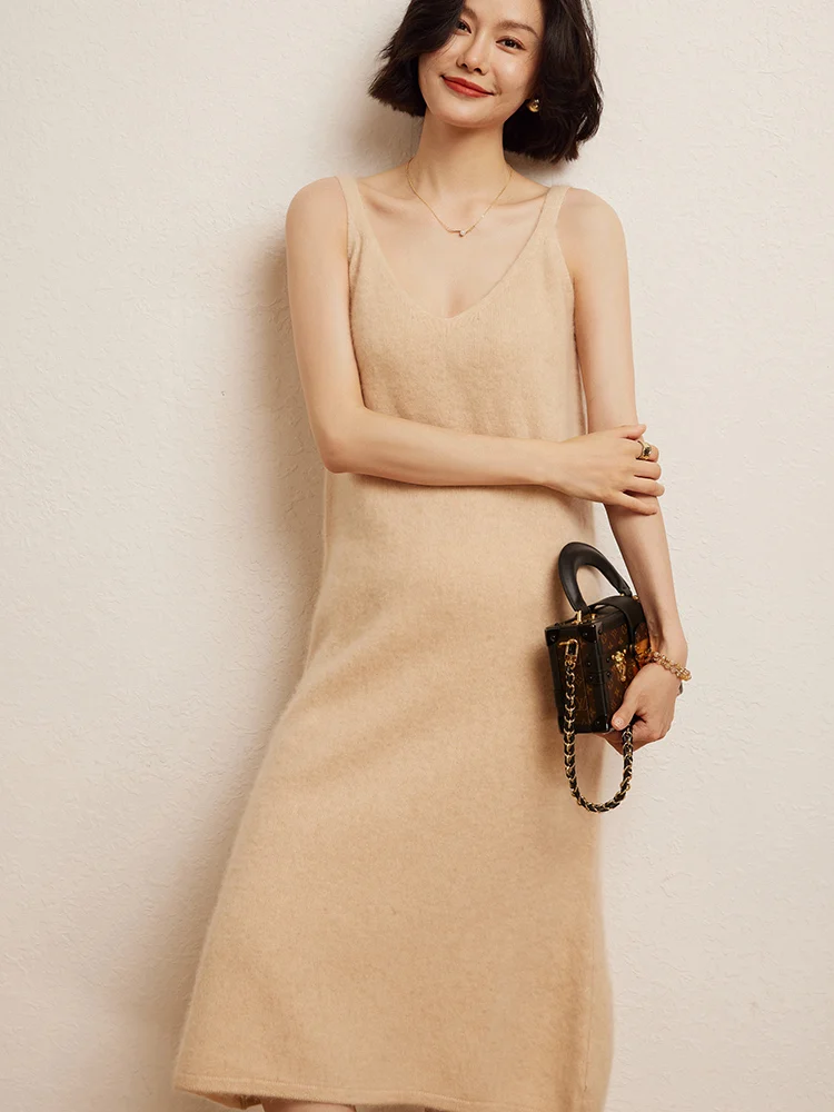 

Autumn Winter Must-Have Women's V-Necked Strapless Long Dress Warm Soft 100% Cashmere Pullover Casual Loose Comfort Lightweight