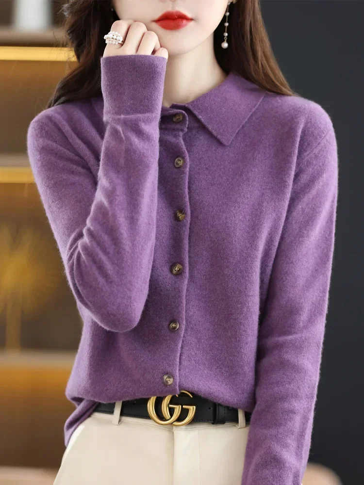 Fashion 100% Merino Wool Woman Sweater High Quality Long Sleeve Cardigan Polo-Collar Winter Clothing Knitwear Tops E1592