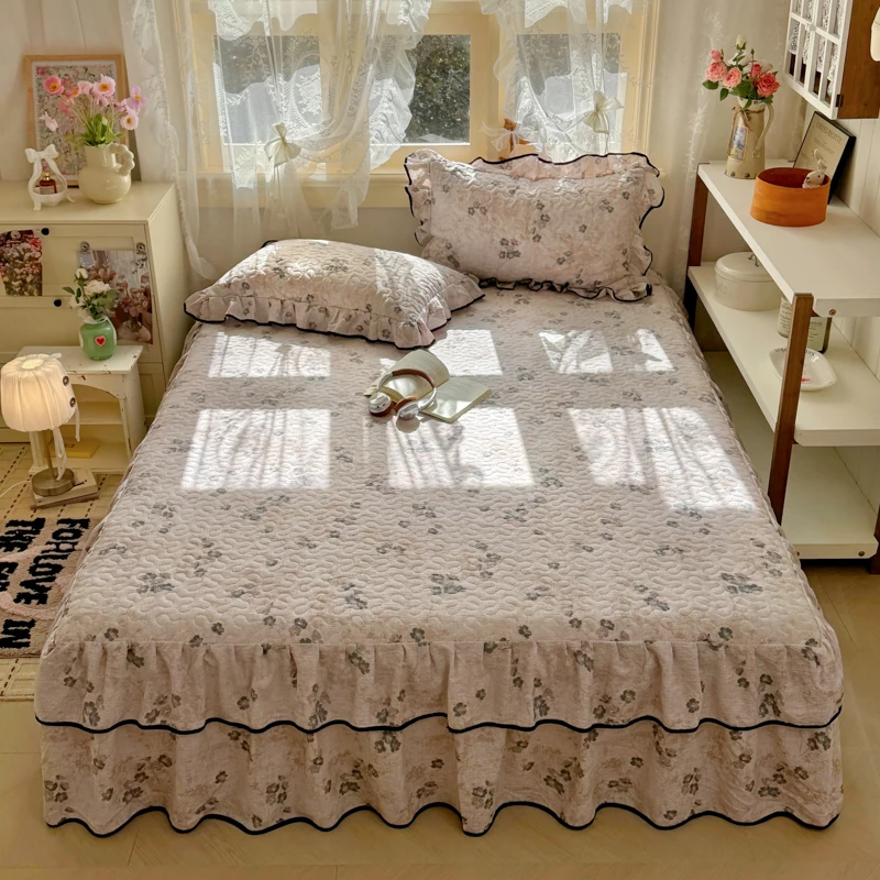 1pc Quilted Bed Skirt Flower Printed Bed Cover with Ruffles 침대스커트 Queen/King Size Floral Style Bed Linen (Pillowcase Need Order)