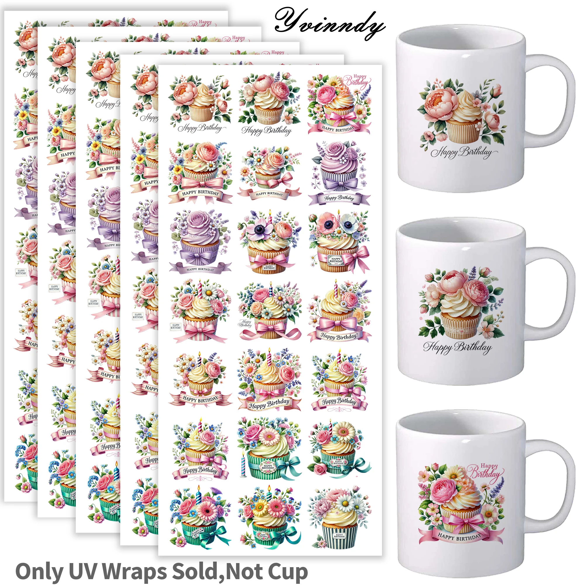 105Pcs/Set Happy Birthday Flower Cake UV DTF Transfer Sticker DIY Craft Kits with Crystal Label 16oz Glass Jars Wrap Stickers