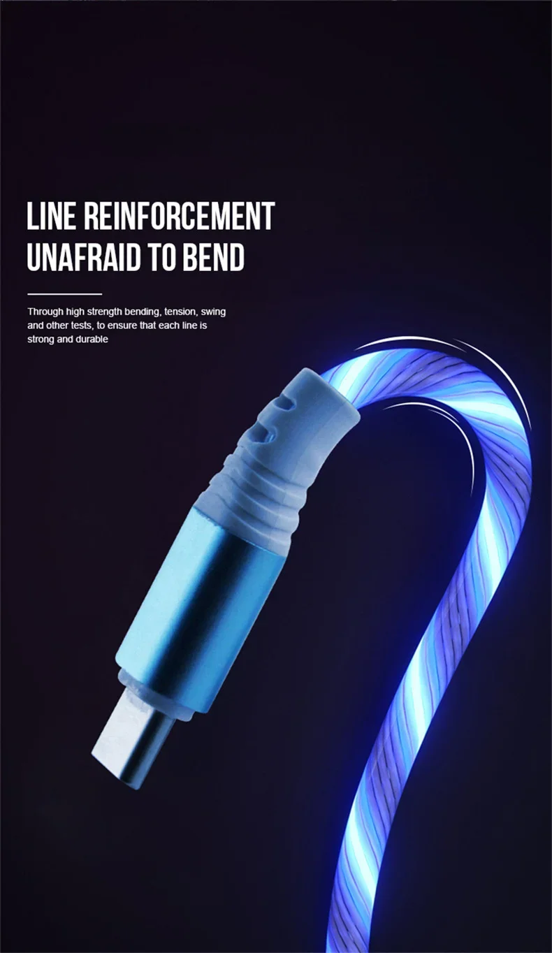 Flow Luminous USB Type C Cable 3A Fast Charging Data Cord for Samsung Xiaomi OPPO Huawei IPhone Charger Micro USB Wire LED Cable
