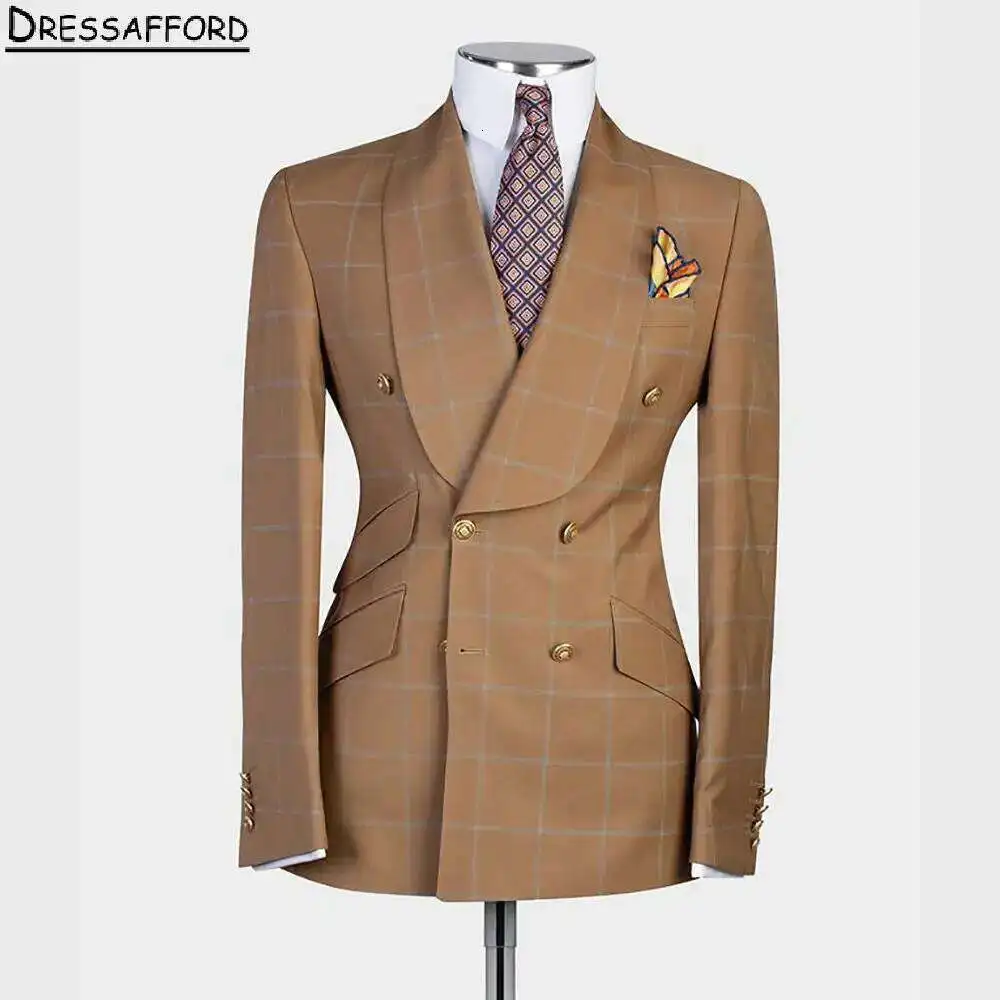 Khaki Checked Men Suits For Wedding Groom Tuxedos 2 Pieces Jacket Pants Prom Blazers Customized
