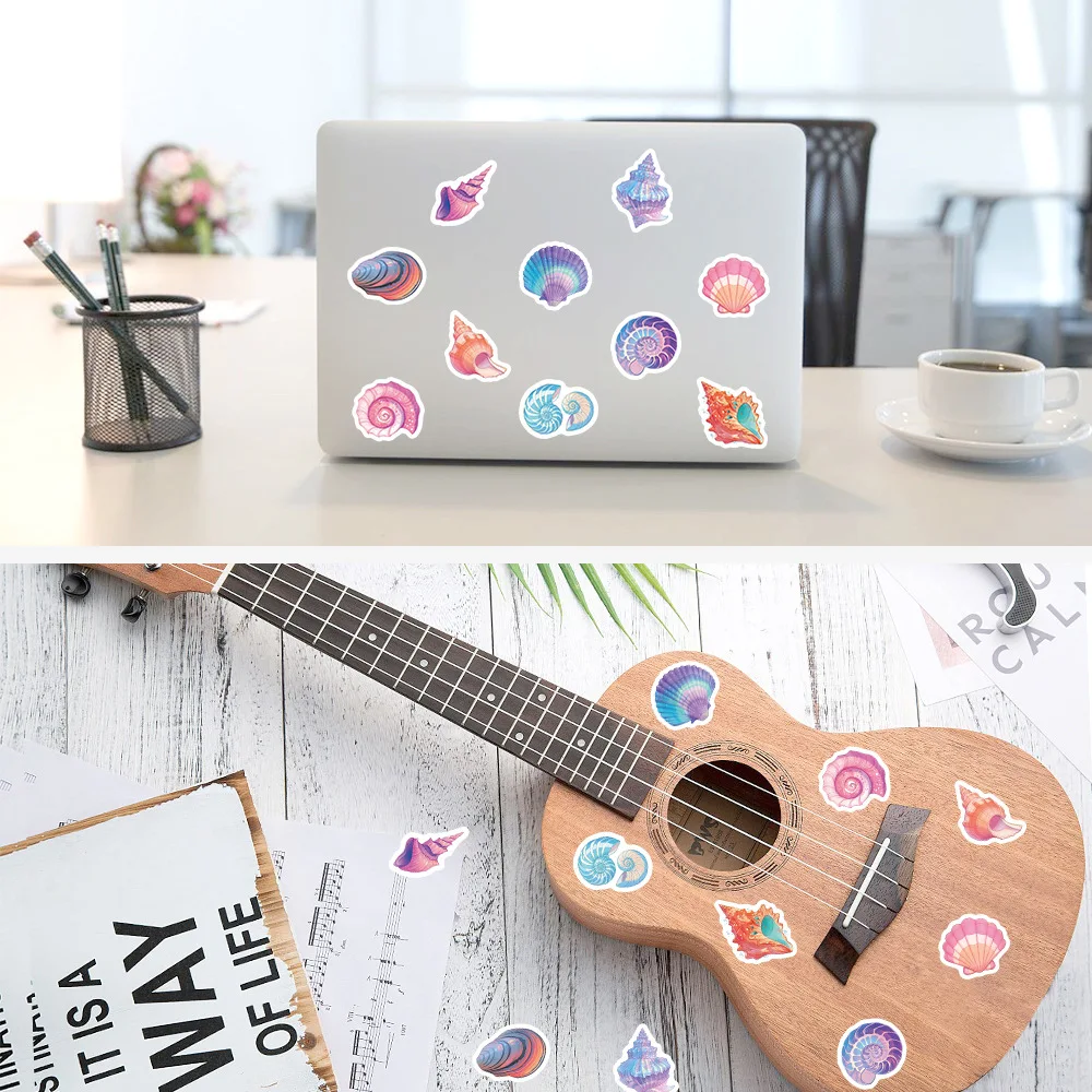 500 uds/rollo de pegatinas de sellado de caracol de mar de color océano, hermosas conchas, rollo de pegatinas de dibujos animados, taza de equipaje DIY, teléfono, guitarra, juguetes para niños