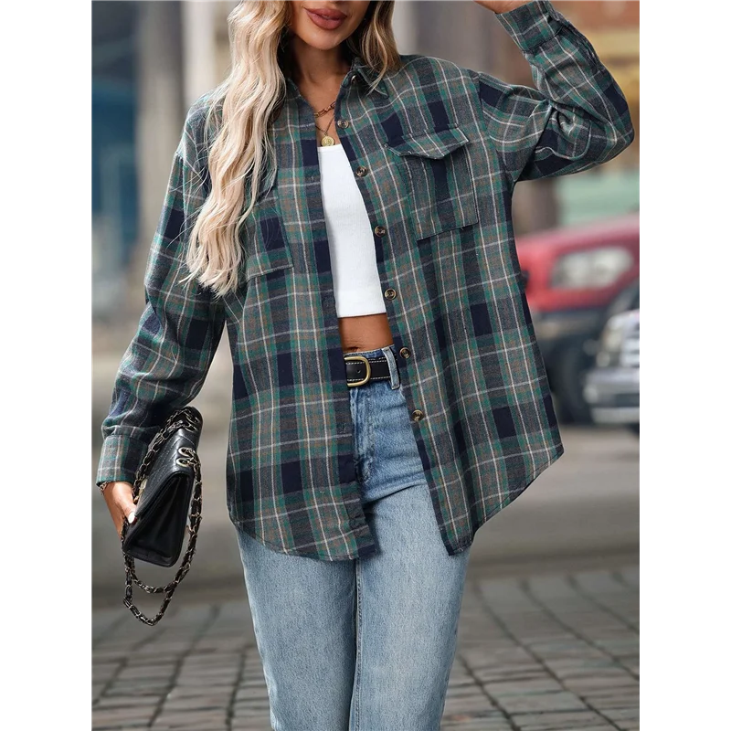

Женская рубашка на пуговицах, клетчатая рубашка с длинными рукавами и лацканами, деловые повседневные топы, рабочая рубашка-A55G