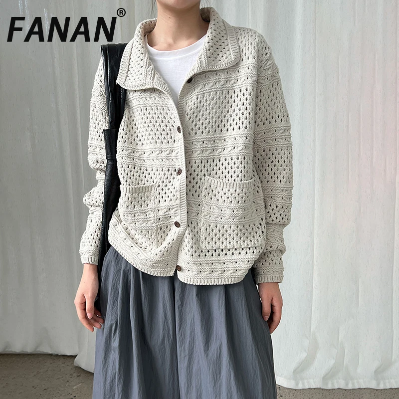 

FANAN винтажный вязаный свитер с вырезами, женские однобортные свободные пальто с лацканами и длинными рукавами, женские топы, новинка осени 2023 г.