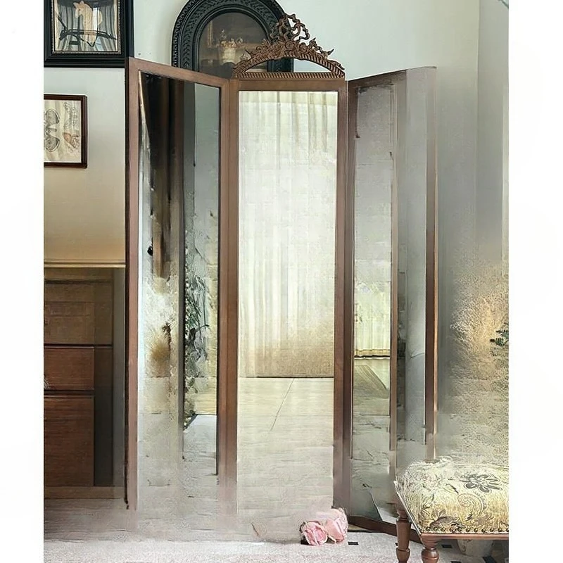 

Solid wood three-fold full-length mirror carved full-length mirror medium antique wall-mounted small apartment decorative mirror