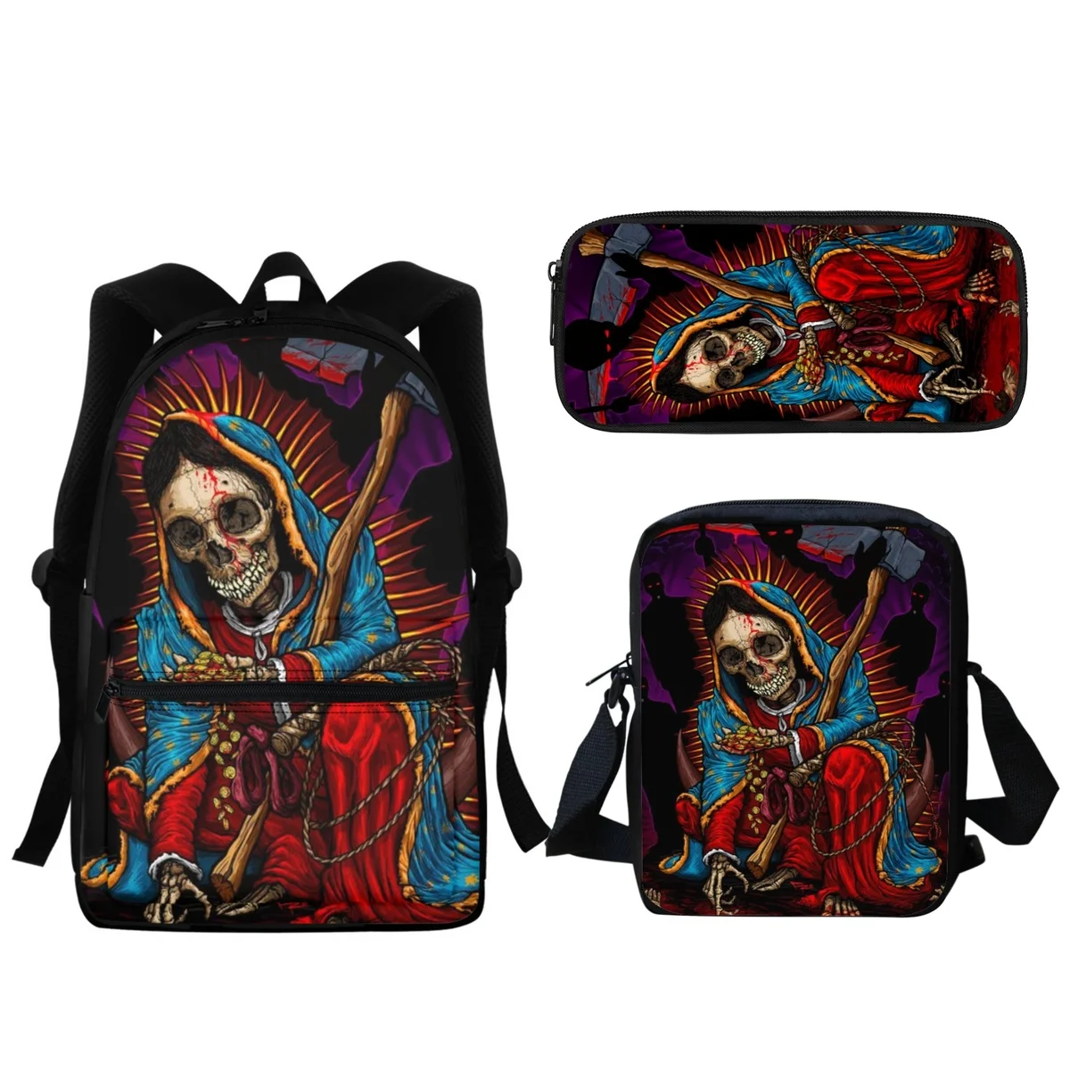 3PC Cool Boys School Bag Horror Skull Design Kids Zipper Backpack Travel Portable Shoulder Bags Pencil Case Stationery Organizer