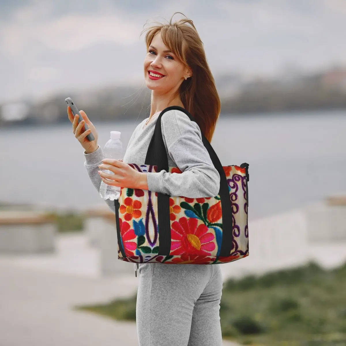 Bolsa tote personalizada com bordado de flores mexicanas para mulheres, grande capacidade, têxtil, floral, folk, praia, academia, viagem