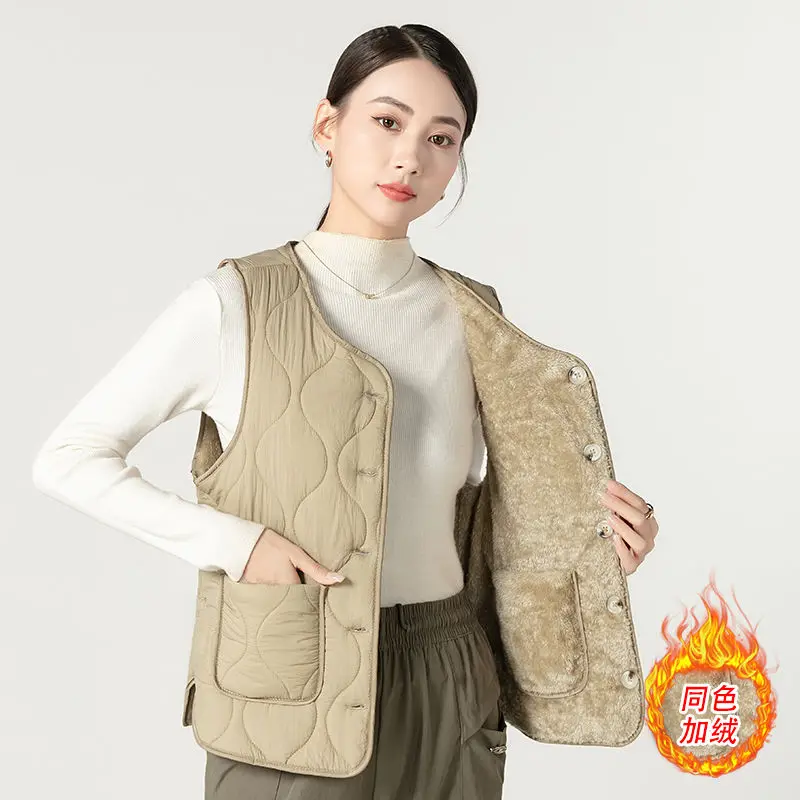 

Autumn Winter Warm Vest Fleece Woman Clothing Trend Sleeveless Quilted Jacket Cardigans Short Tops Casual Loose Coats Women Vest