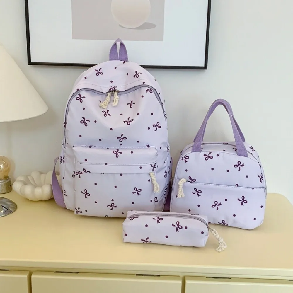 Daypack Three-piece School Bag Set with Pen Bag Large Capacity Nylon Bow Backpack Scratch Prevention Durable Students School Bag