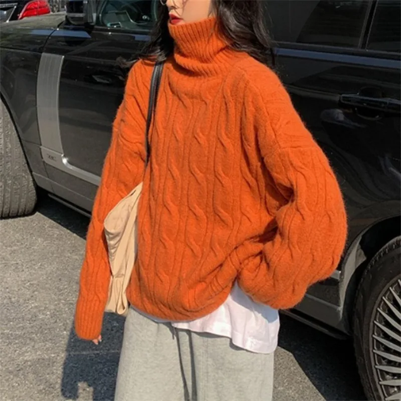 Sweater Woman autumn/winter Turtleneck Twist Solid Color Lantern Sleeve Loose woman's Sweater Dropshipping Sale YSLFA59