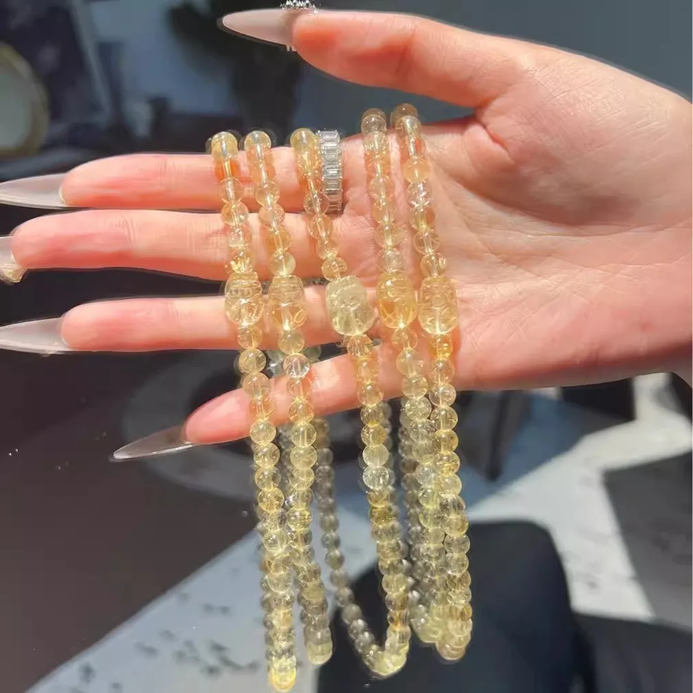 Chinese Style 6mm Light Yellow Azeztulite Beaded Double Strand Pixiu Lucky Wealth Attract Fortune Blessing Handstring Bracelet