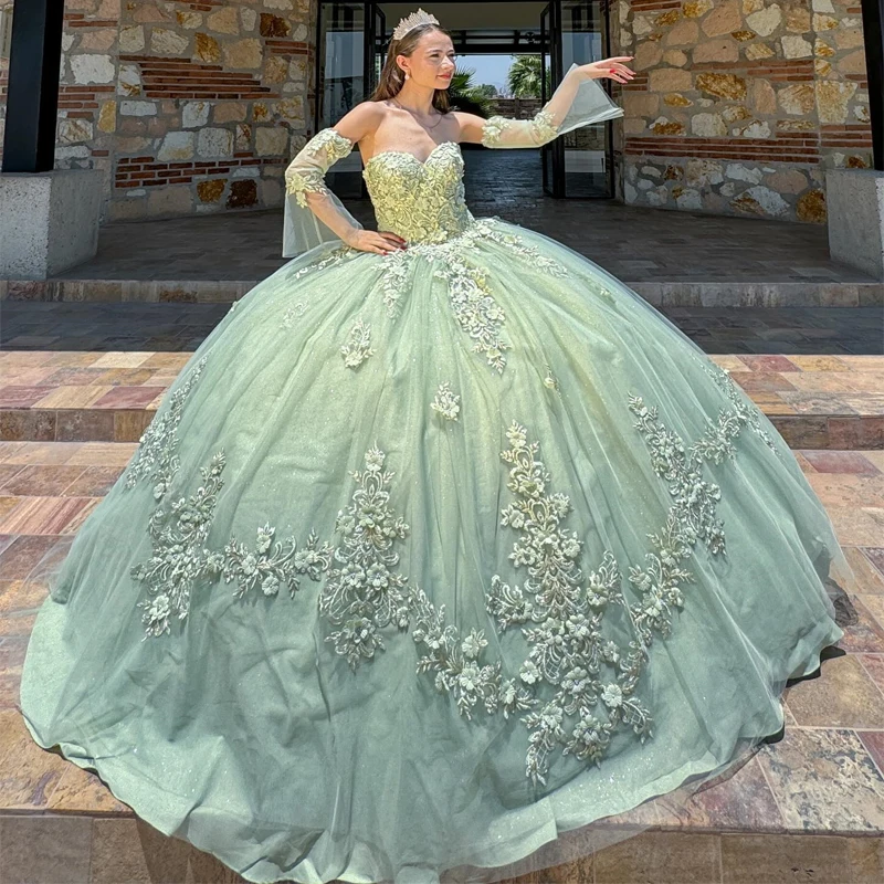 

Sage Green Quinceanera Dresses Off The Shoulder Sparkly Sequins Appliques Lace Beads Tull Princess Sweet 16 Dress vestidos de 15