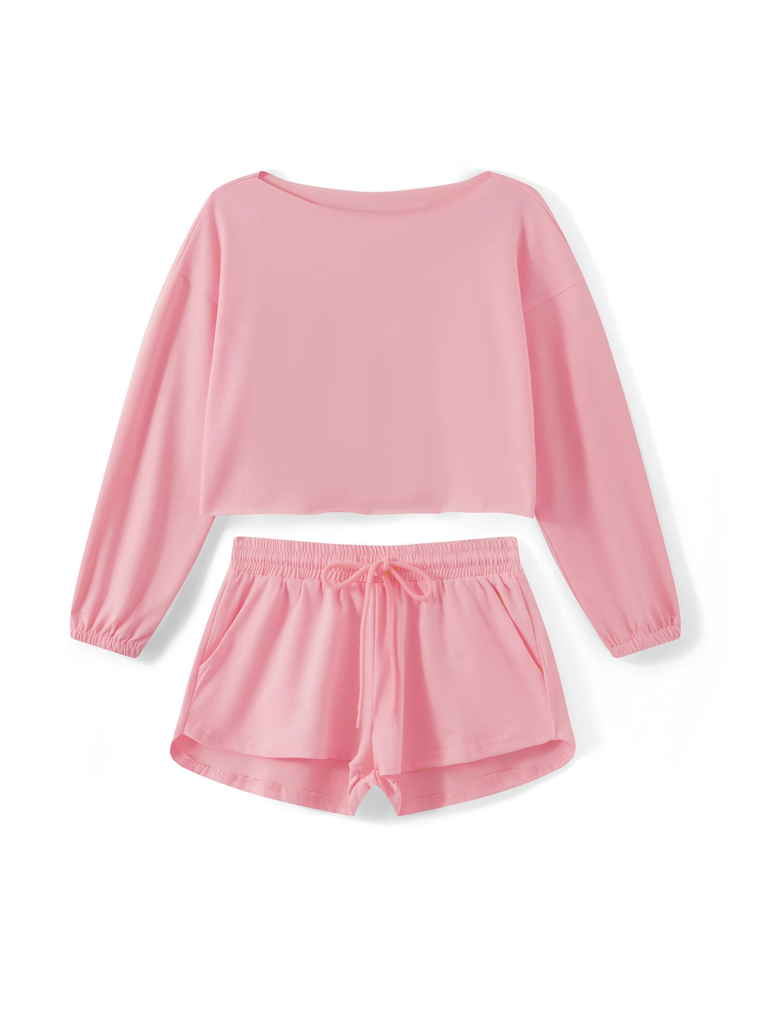 Conjunto de 2 piezas para mujer con hombros descubiertos, manga larga, color sólido, tops y pantalones cortos