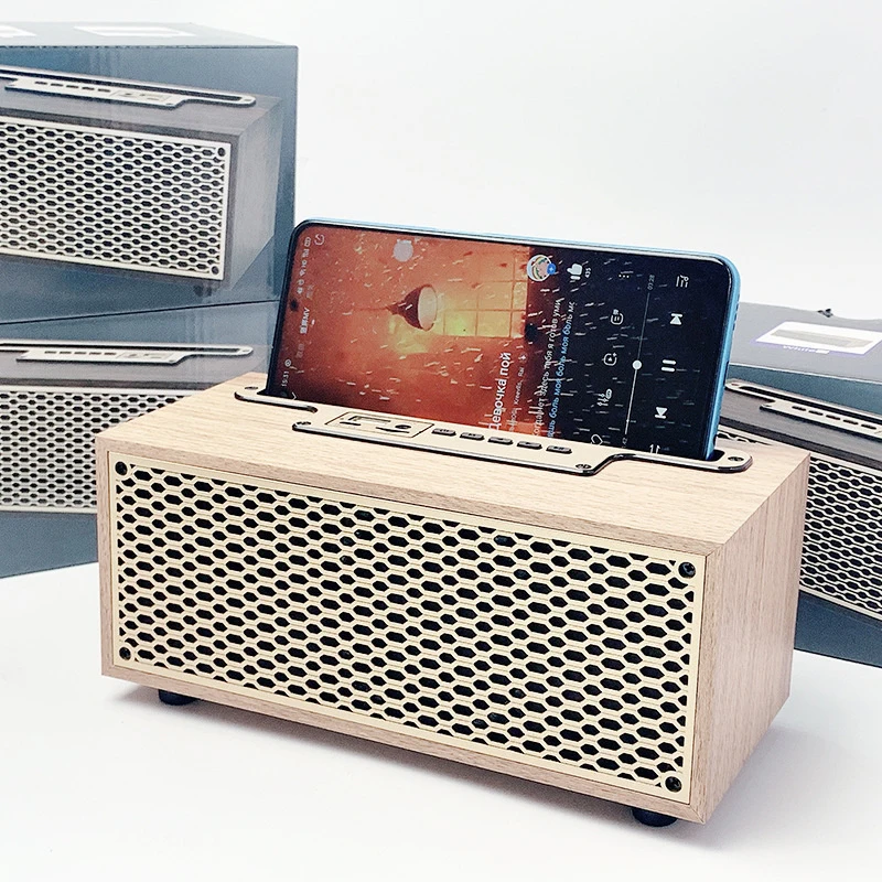 Portable Retro Wooden Wireless Speaker Desktop Sound Bar Subwoofer For IPhone For IPad FM Radio TF Card AUX Long Battery Life