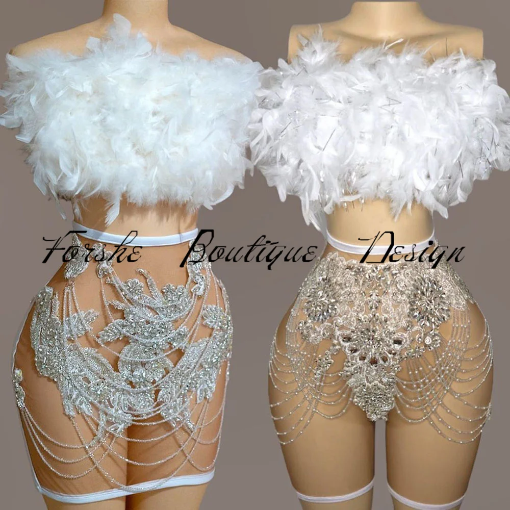 Luxury White Birthday Outfits For Women Rhinestone Feathers Short Cocktail Dresses Party Wear Short Prom Gowns Customized