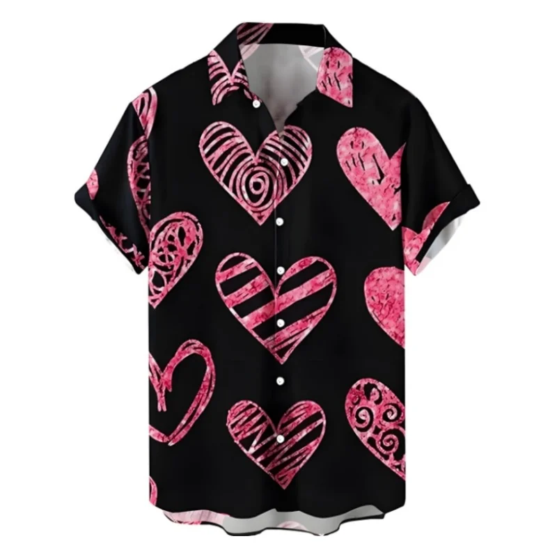 Camisa hawaiana con estampado de corazón para hombre, camisa holgada de manga corta con botones y solapa, ropa de gran tamaño para verano