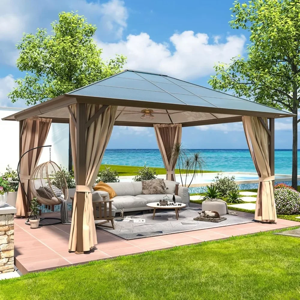 

12'x14' Hardtop Gazebo, Outdoor Polycarbonate Roof Canopy, Aluminum Frame Permanent Pavilion with Curtains and Netting