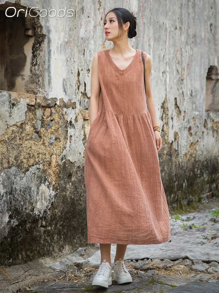 

OriGoods V-neck Sleeveless Long Dress Women 2025 New Summer Dress Linen Cotton Elegant Casual Dress Woman Gray Vestidos B309
