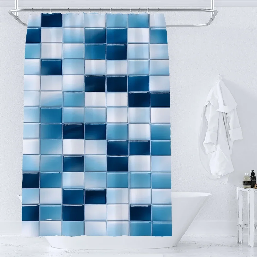 Blue Mosaic Pattern Shower Curtains Waterproof Polyester Bath Curtain Geometrical for Bathroom Home Decor Curtain with Hooks